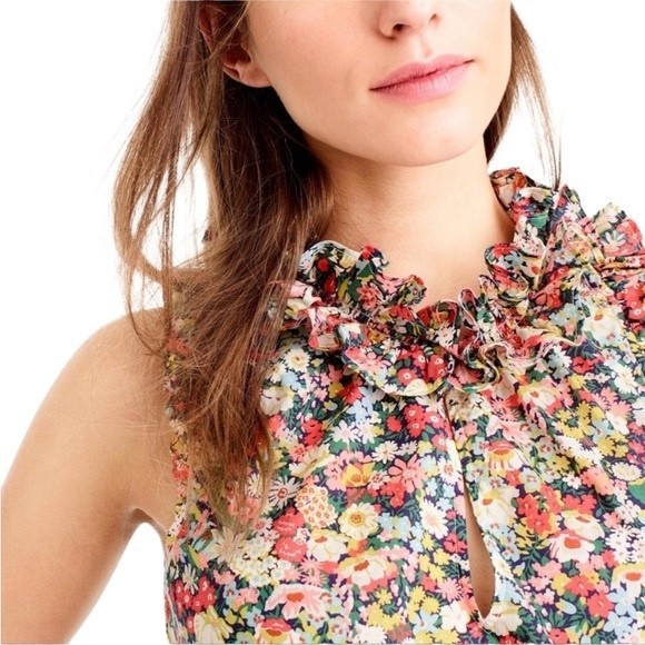 J. Crew Liberty Print Floral Ruffle Blouse Sleeveless Tie Split Neck Thorpe - Picture 2 of 16